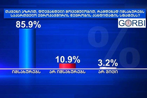 GORBI: რესპოდენტთა 85,9% მიიჩნევს, რომ საქართველო ევროკავშირის წევრობის კანდიდატის სტატუსს იმსახურებს