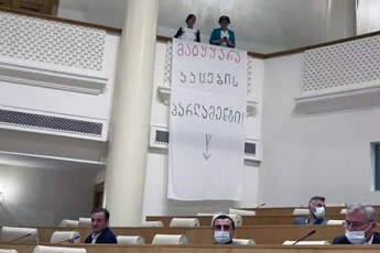 matyuara-kacebis-parlamenti-am-Sinaarsis-plakati-xaTuna-samniZem-da-ana-wiTliZem-parlamentis-plenarul-sxdomaTa-darbazis-aivnidan-gadmofines